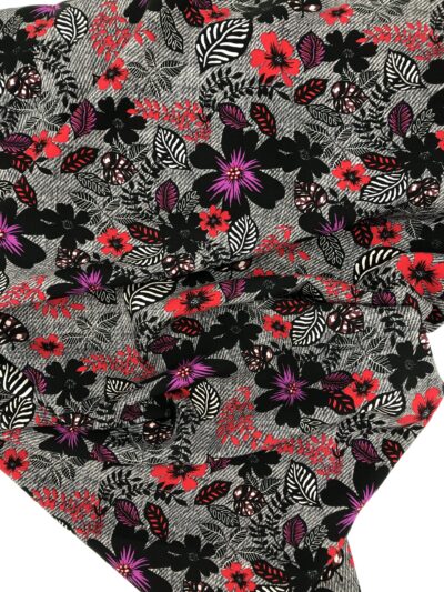Viskoseprint Blumen, Schwarz-Grau-Rot-Fuchsia Rest (2,0 m) – Bild 2