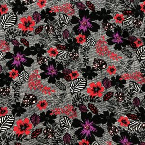 Viskoseprint Blumen, Schwarz-Grau-Rot-Fuchsia Rest (2,0 m)