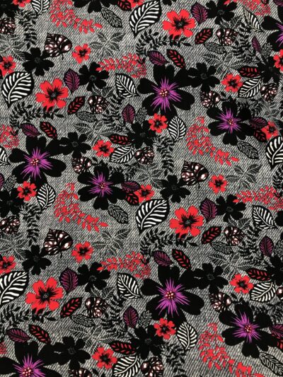 Viskoseprint Blumen, Schwarz-Grau-Rot-Fuchsia Rest (2,0 m)
